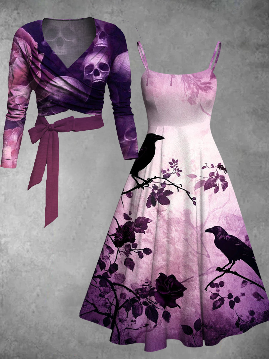 Retro Floral Art Printed Vintage Unique Slim Fit Cross Wrap Long Sleeve Two-Piece Midi Dress